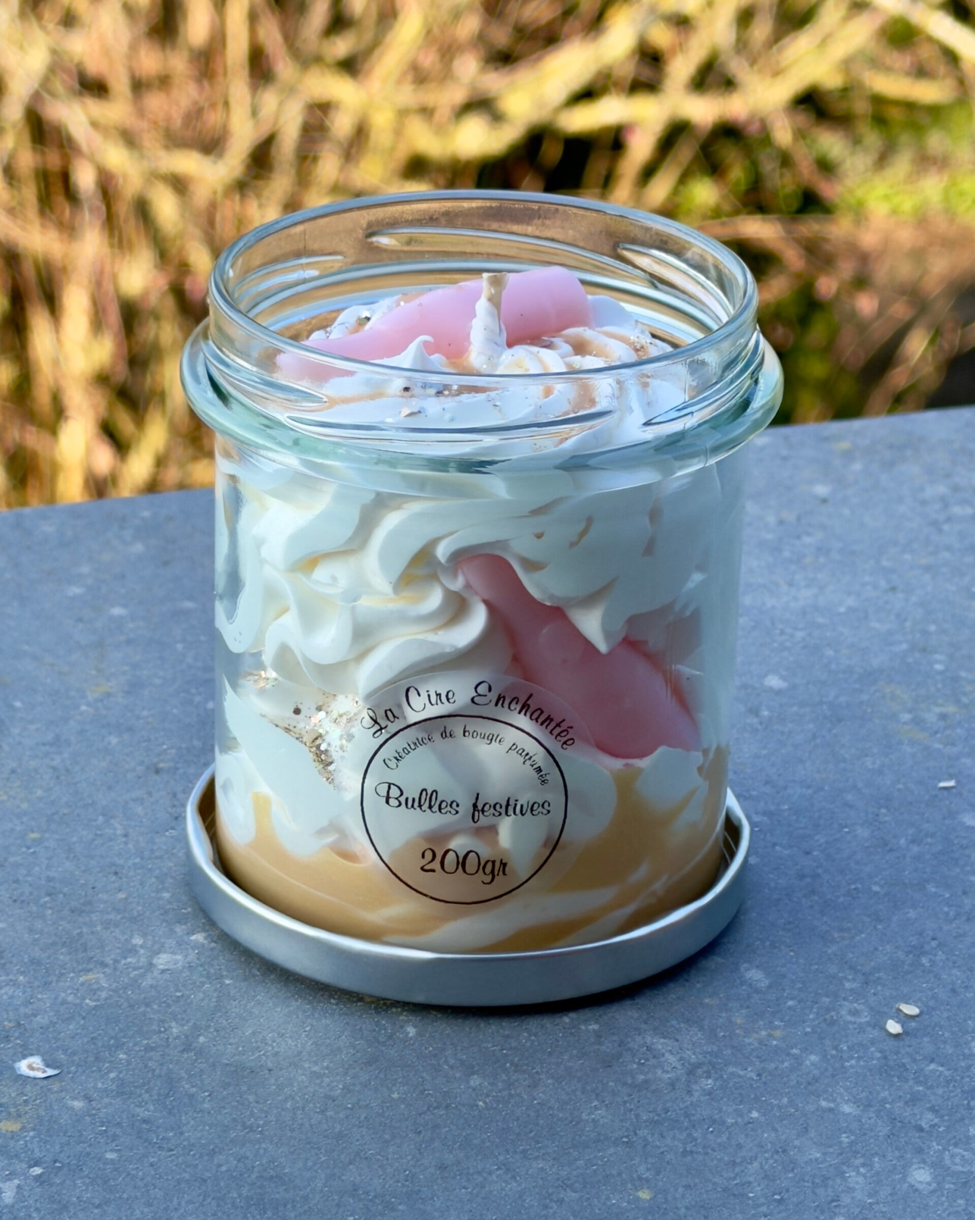Bougie gourmande pot fermoir bulles festives