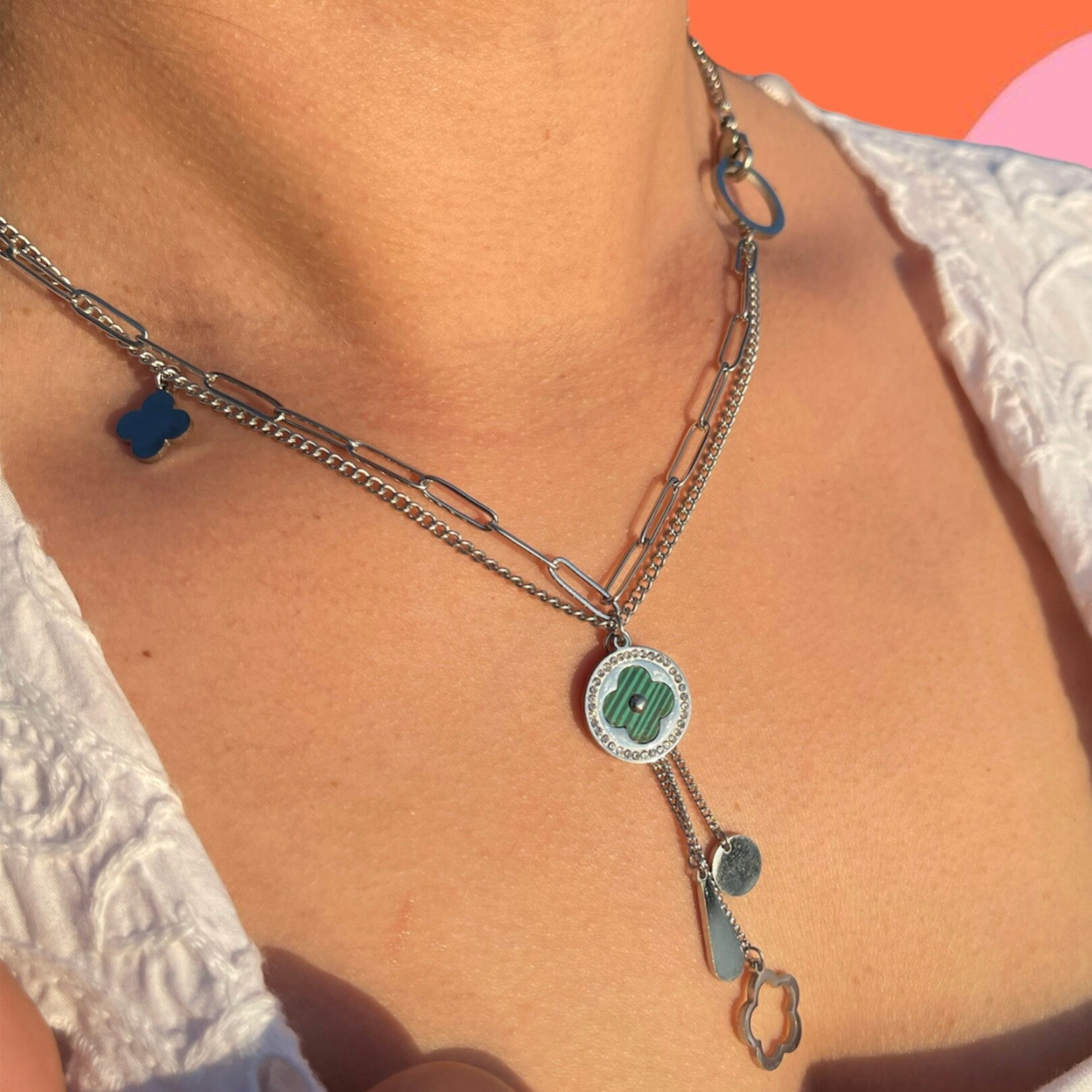 Clover layered necklace silver