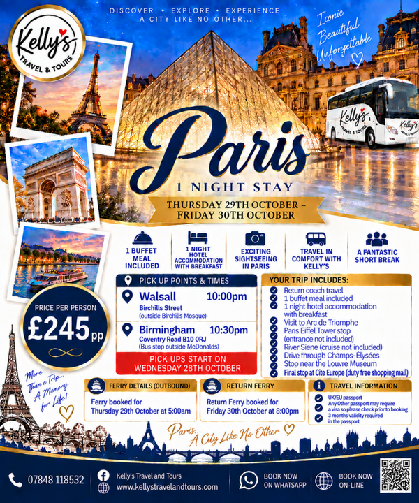 Paris 1 night staycation 29/30th October ( Walsall)