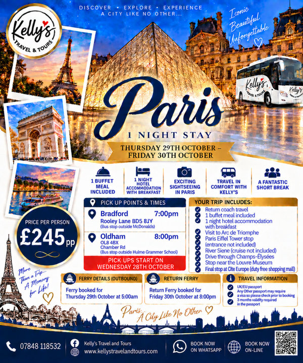 Paris 1 night staycation 29th/30th October (Bradford & Oldham)r