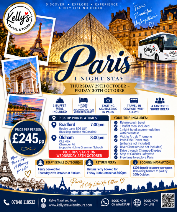 Paris 1 night staycation 29th/30th October (Bradford & Oldham)r