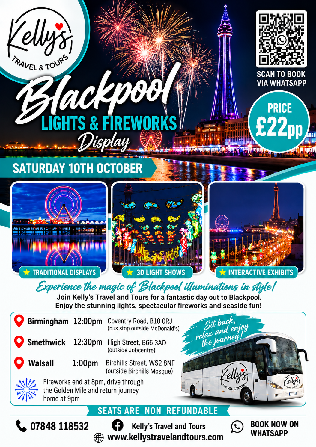 Blackpool Illuminations & Fireworks 10th October Birmingham,  Smethwick & Walsall