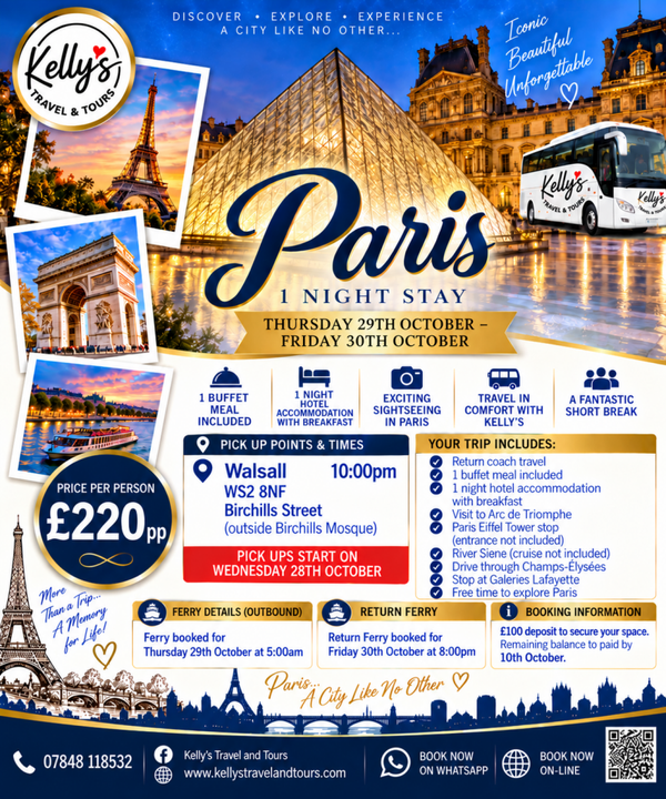 Paris 1 night staycation 29/30th October ( Walsall)