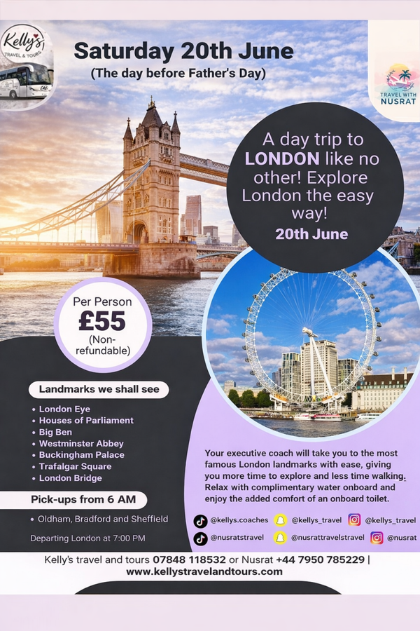 A full day tour of the City of London on 20th June 2026 Oldham and Bradford