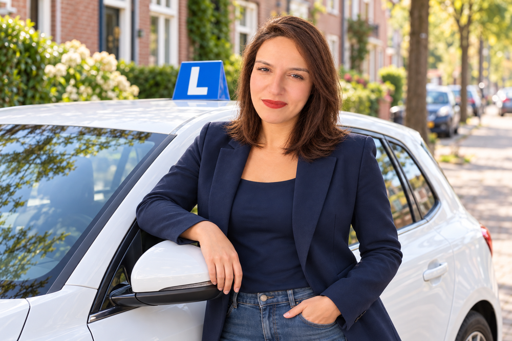 Instructrice naast de lesauto