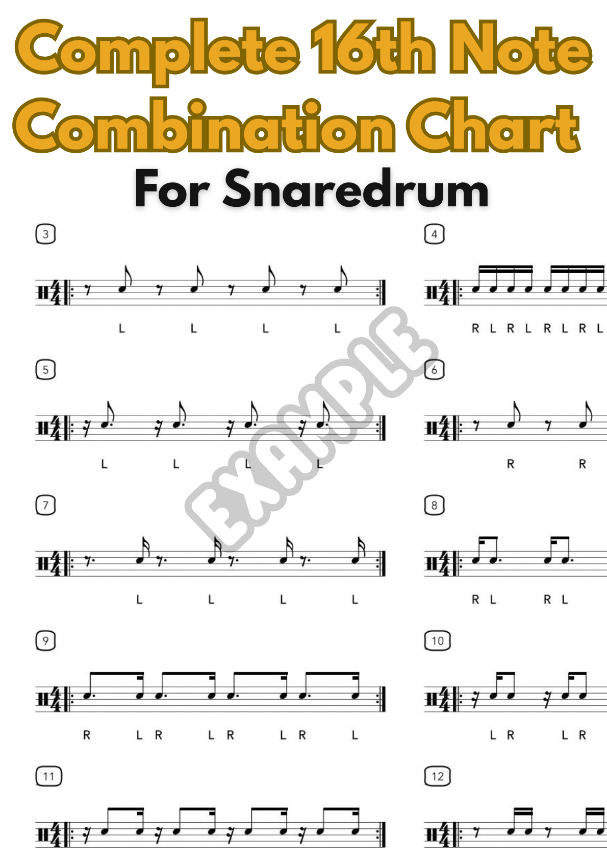 Complete 16th Note Combination Chart for Snare Drum