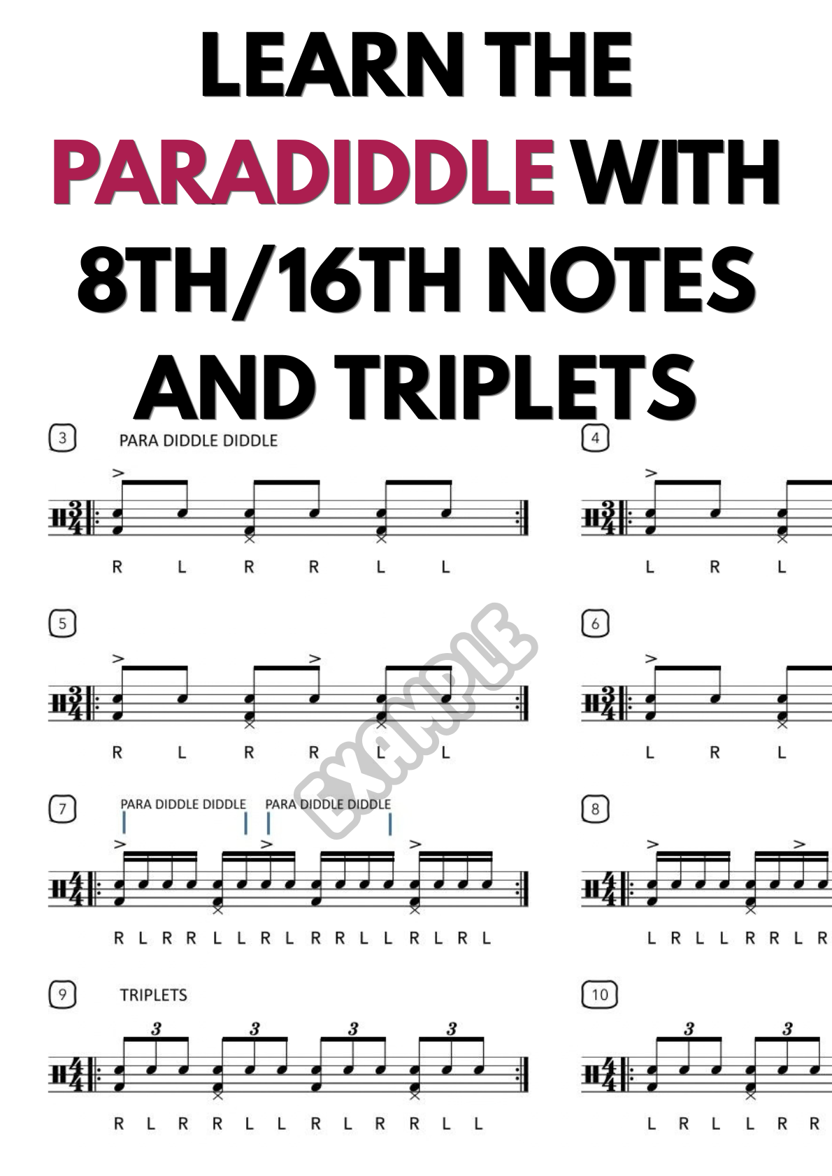 Learn the paradiddle with 8th/16th notes and triplets including kick and hi-hat.pdf