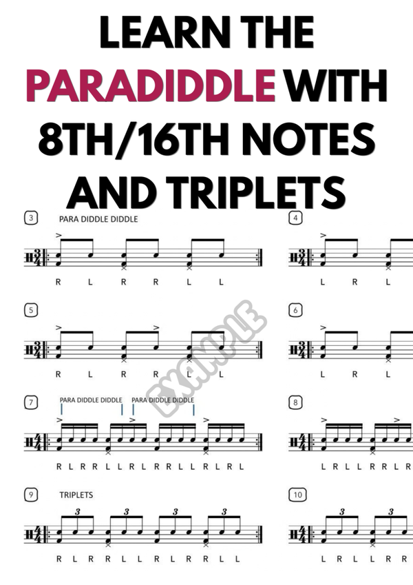 Learn the paradiddle with 8th/16th notes and triplets including kick and hi-hat.pdf