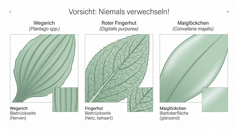 Botanische Illustration zum Vergleich: Wegerichblatt (Längsnerven) vs. giftiger Roter Fingerhut (Netznerven, behaart) und glänzendes Maiglöckchenblatt.