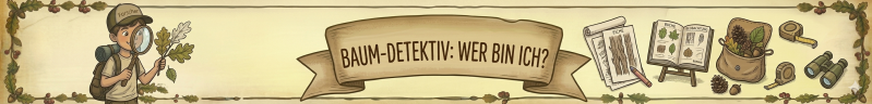 Handgezeichneter Banner für Kinder-Natur-Abenteuer. Zentraler Text: 'BAUM-DETEKTIV: WER BIN ICH?'. Links der Forscher-Junge mit Lupe und Eichenast. Rechts Werkzeuge zur Baumbestimmung: Rinden-Frottage, Fernglas, Buch und Beutel.