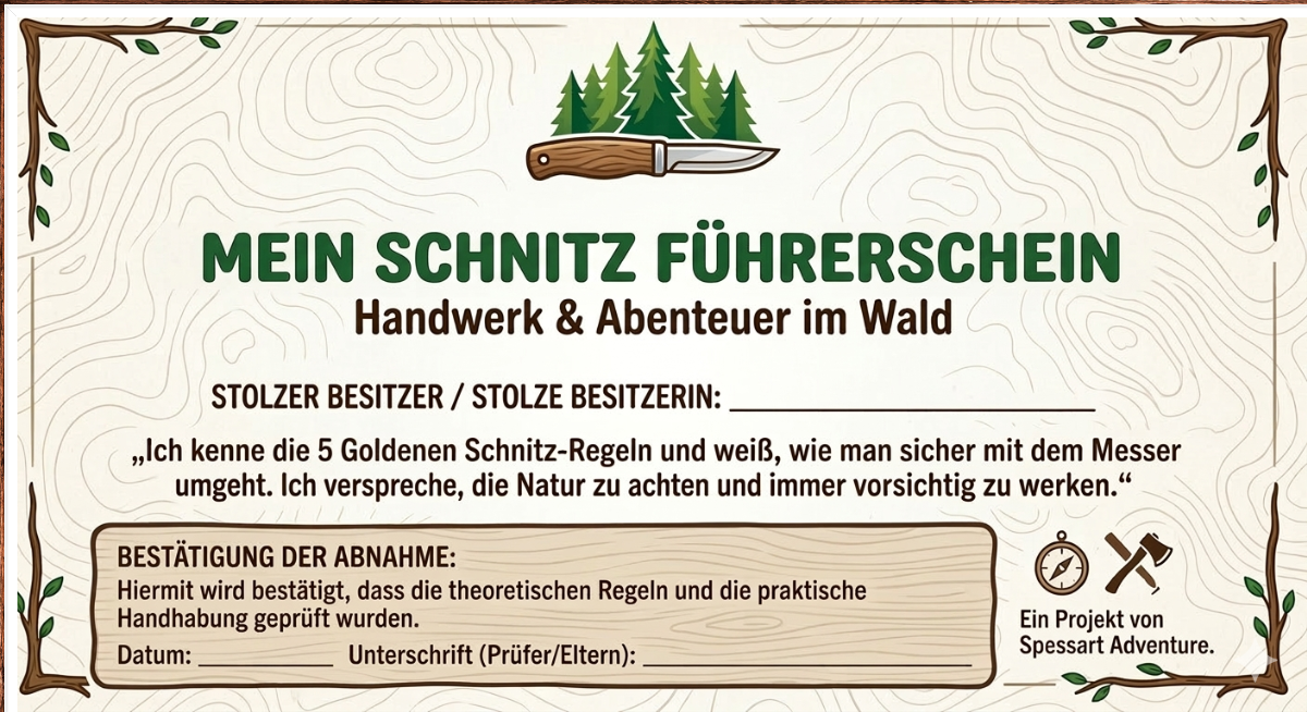 Schnitz-Führerschein Urkunde für Kinder zum Ausdrucken - Spessart Adventure