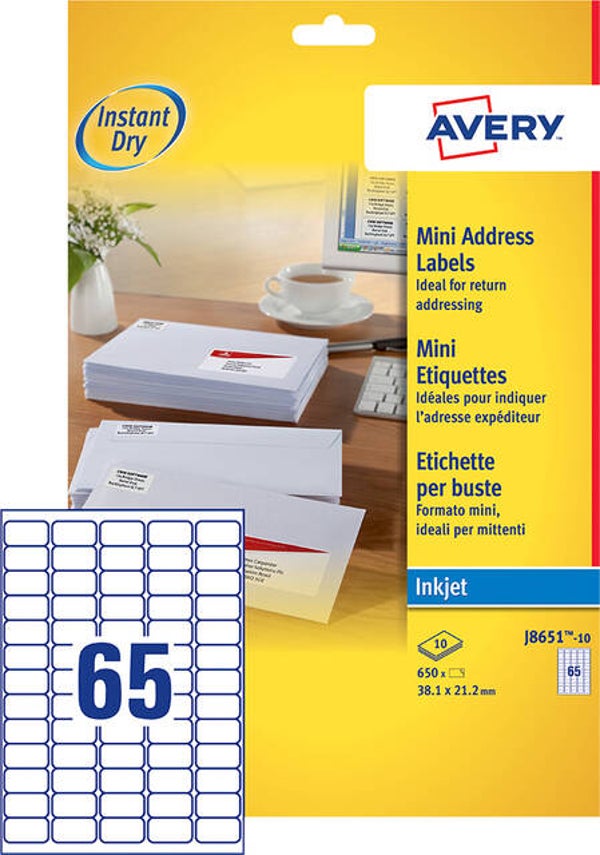 Adres Etiket Avery J8651-10 38.1x21.2mm wit 650stuks