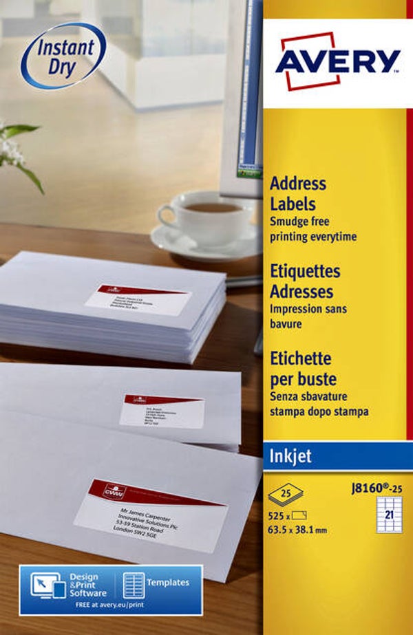 Adres Etiket Avery J8160-10 63.5x38.1mm wit 210stuks