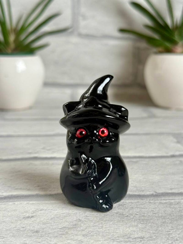 Black Obsidian Witch Cat Carving ✨