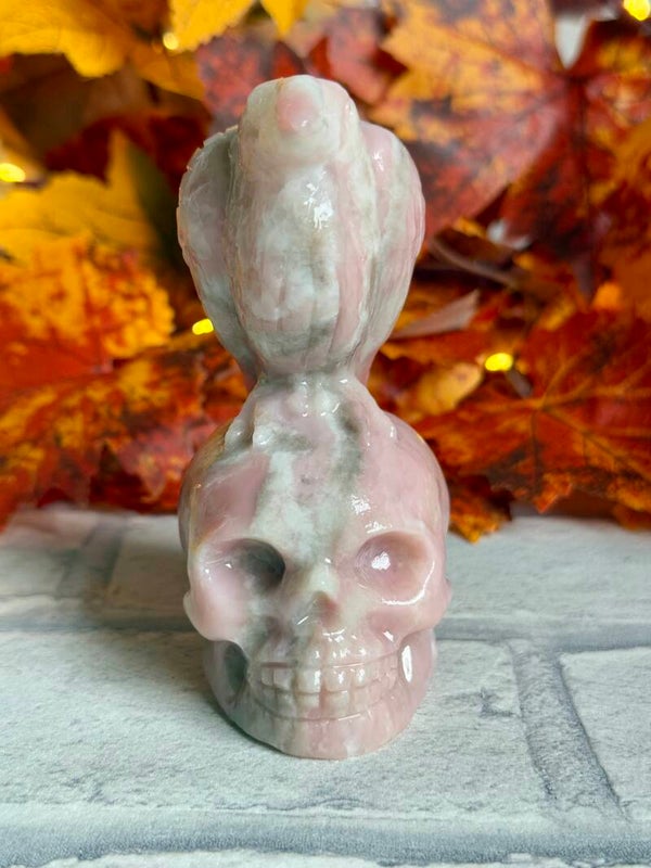 Large Pink Opal Skull And Crow Carving ✨
