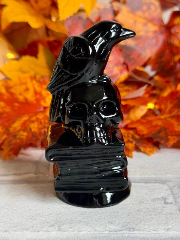 Large Black Obsidian Skull And Raven Carving ✨