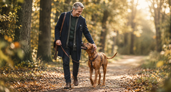 DOG-SPIRIT.com - Mensch und Hund - Was siehst du wirklich? 55 jähriger erfolgreicher Geschäftsmann auf einem Spaziergang mit seinem Hund.