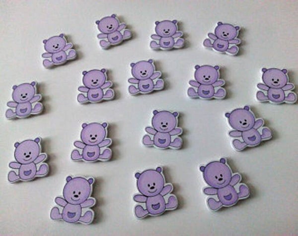 14 fliederfarbene Bärchen Holz mit Klebepunkt Geburt Taufe 3,4 x 3,5 cm