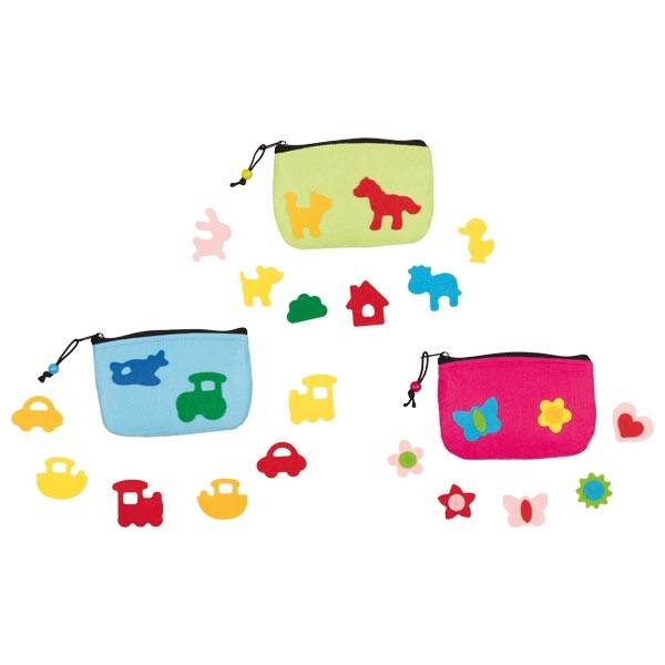 3 kleine Filztaschen mit Applikationen zum Aufkleben neu goki Kindergeburtstag