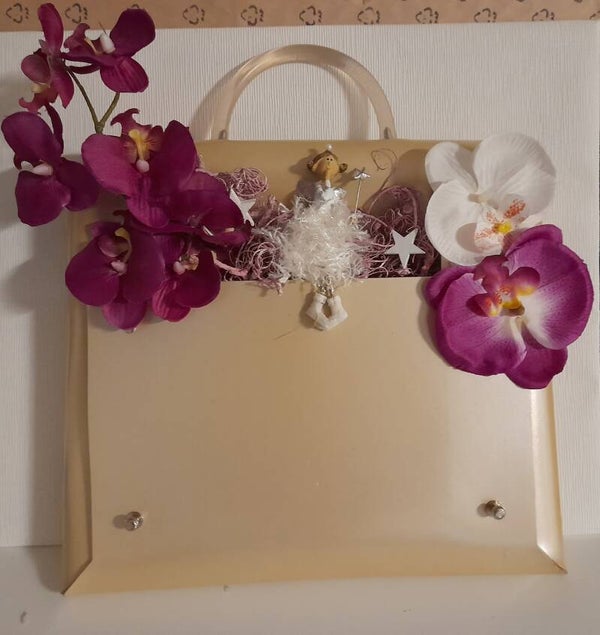 Deko Handtasche nicht zu öffnen Engel Orchideen lila creme 30 x 34 x 5cm Unikat