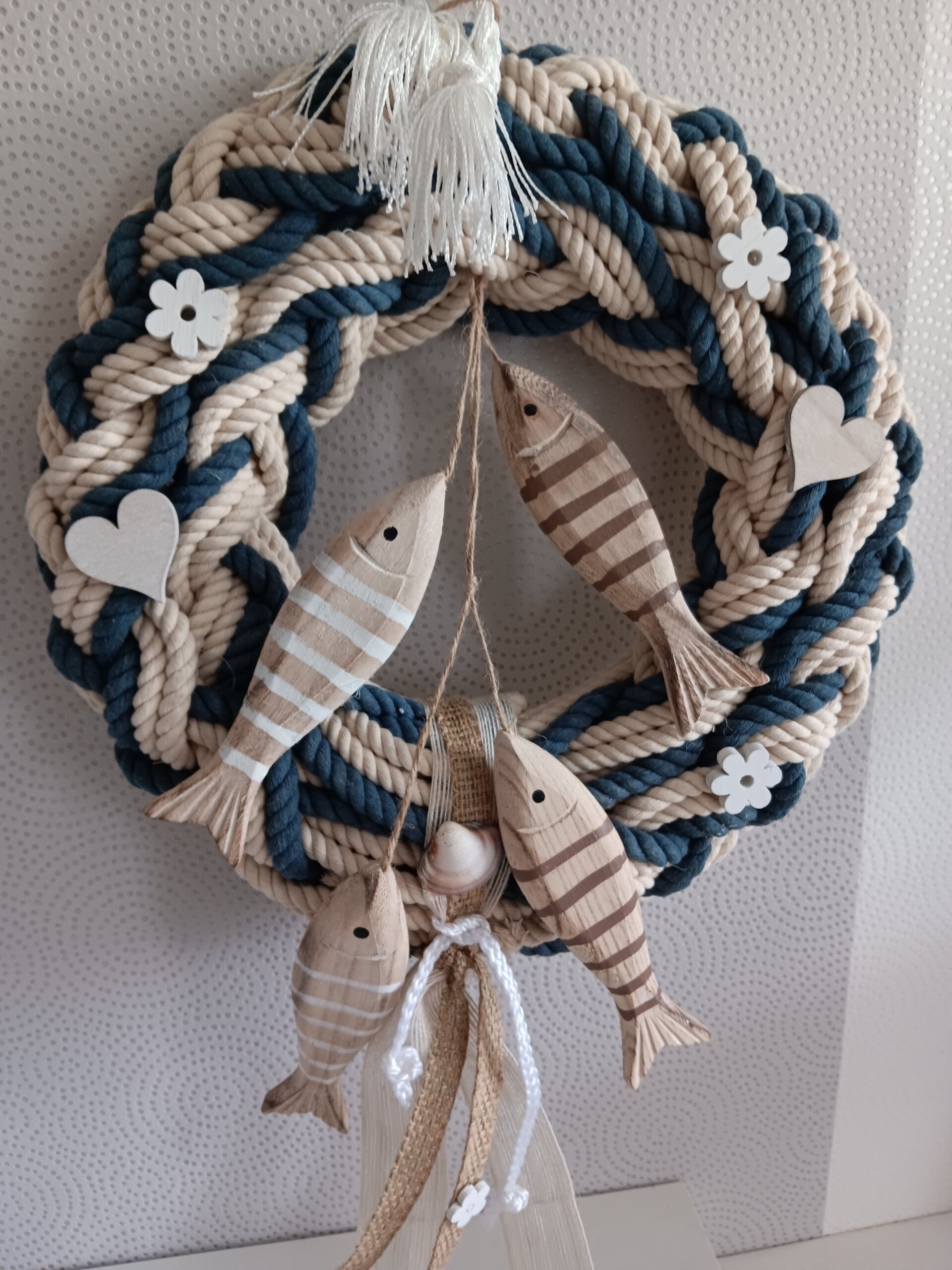 geschmückter Türkranz verziert Baumwolle + Fischen verziert 35cm maritime Deko
