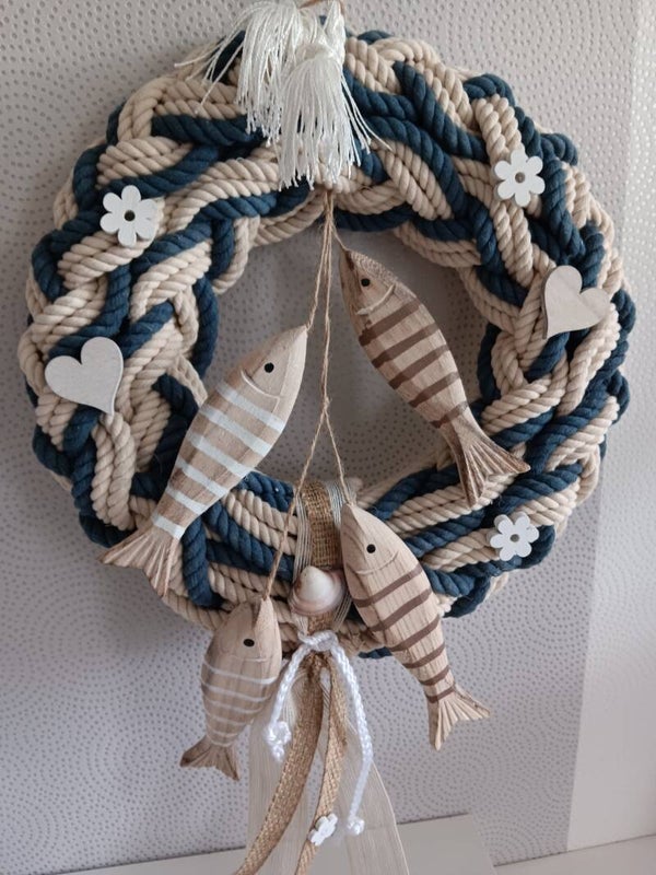 geschmückter Türkranz verziert Baumwolle + Fischen verziert 35cm maritime Deko