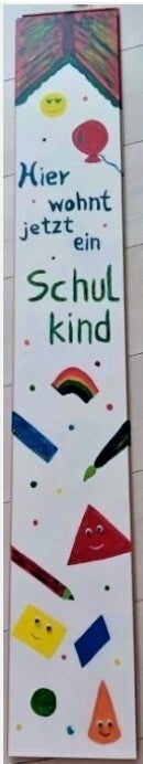 Bemaltes Laminatbrett Weiss Schild Erster Schultag 130 x 20cm Formen und Farben