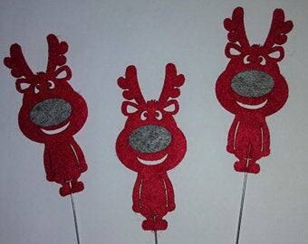 3 Elche rot mit grauer Nase Filz Drahtpick 30cm Rentier Elch Basteln Weihnachten