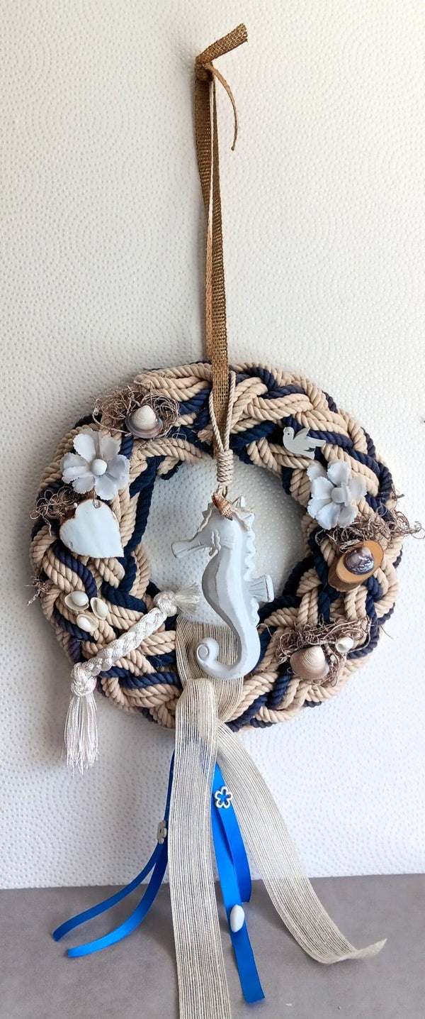 geschmückter Türkranz verziert Baumwolle + Seepferdchen 35cm maritime Deko