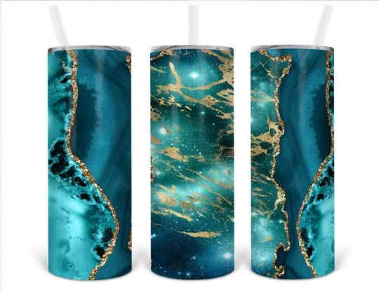 Teal Silver Glitter Marble Tumbler