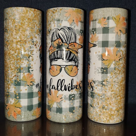 Fall Vibes Messy Bun Tumbler Black Plaid and Fall Leaves Gold Glitter