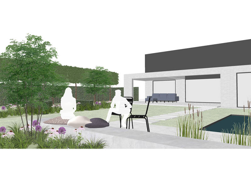 Tuinarchitect Aalter - Landschapsarchitect Aalter - Heraanleg tuin - Tuinontwerp Maldegem - Moderne tuin - Strakke tuin - Vijver - Poolhouse - Zitbank beton - onderhoudsvriendelijk -Plantenborders - Bloemenrijk - Leibomen