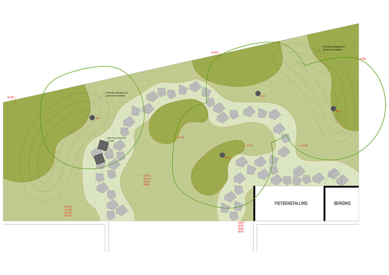 Tuinarchitect Aalter - Landschapsarchitect Aalter - Tuinontwerp Brugge - Gemeenschappelijke groenzone - Betonnen zitblok - Fietsenstalling - Landschapsontwerp