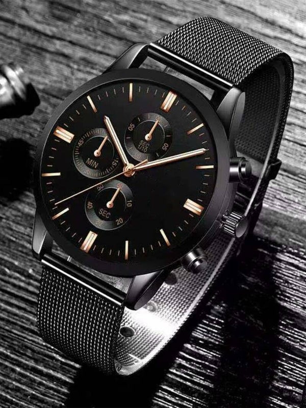 Montre à quartz ronde à pointeur à bracelet en maille