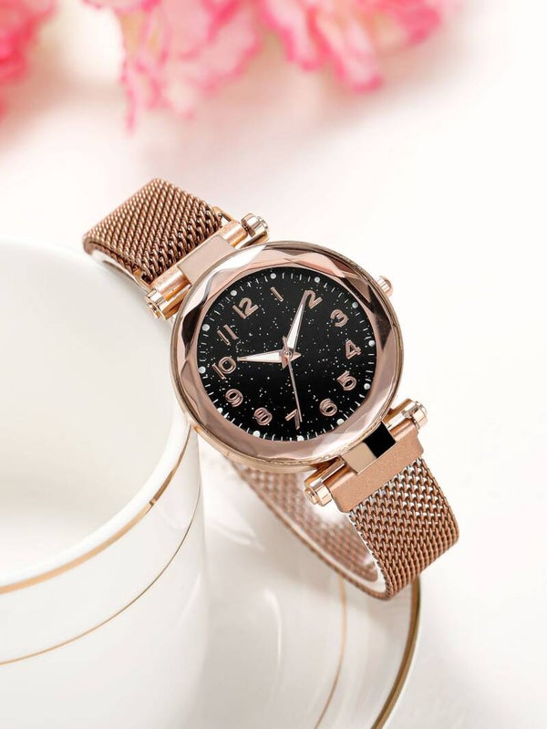 Montre à quartz à cadran ciel étoilé avec sangle en maille