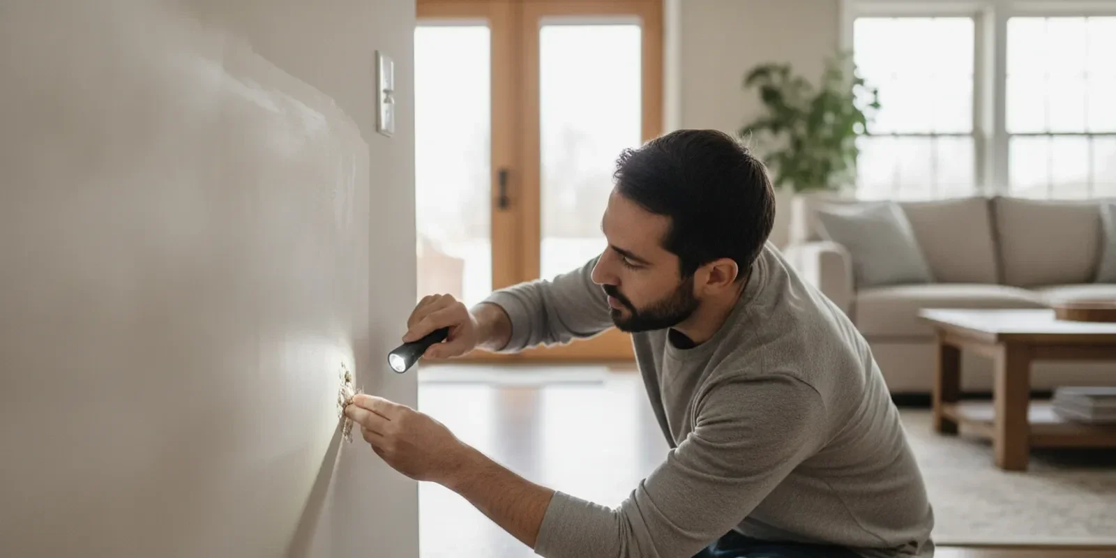 A homeowner inspecting a damaged section of drywall beside a cleanly patched wall