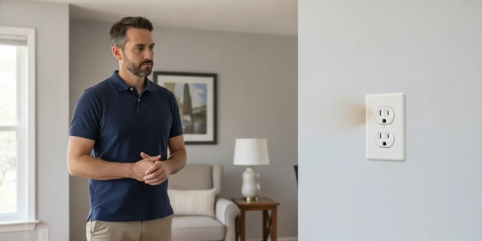 Homeowner inspecting a wall outlet from a safe distance in a bright Pittsburgh home