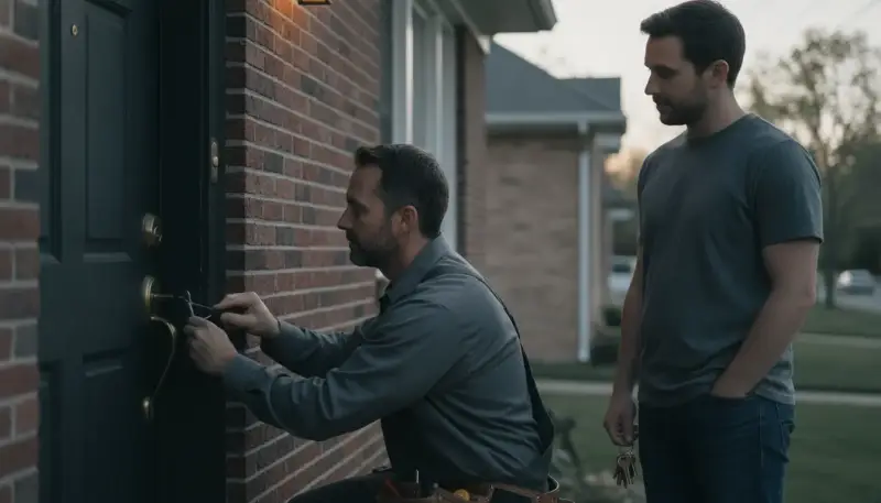 Emergency locksmith helping a homeowner with a Pittsburgh home lockout