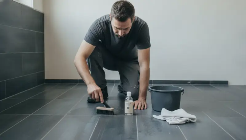 Homeowner safely cleaning tile and grout with a soft brush