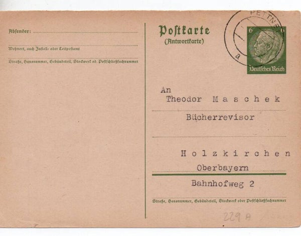Deutsches Reich Ganzsache P229 I A gelaufen/ o
