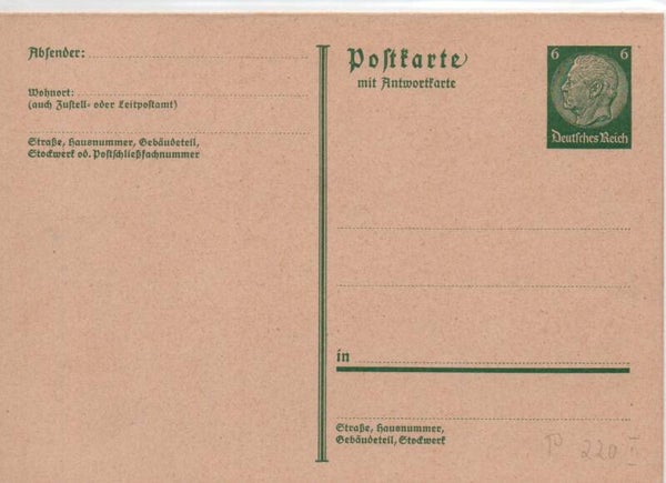 Deutsches Reich Ganzsache P220 I ungebraucht/ *