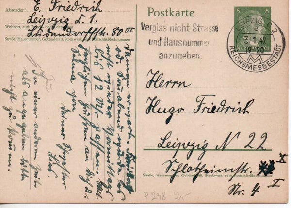 Deutsches Reich Ganzsache P298I gelaufen/ o
