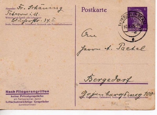 Deutsches Reich Ganzsache P312a/04 gelaufen/ o