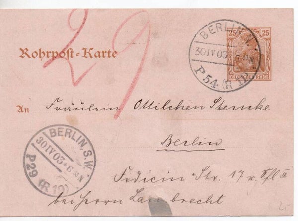 Deutsches Reich Ganzsache Rohrpost RP13 gelaufen/ o