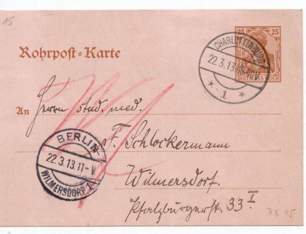 Deutsches Reich Ganzsache Rohrpost RP15 gelaufen/ o