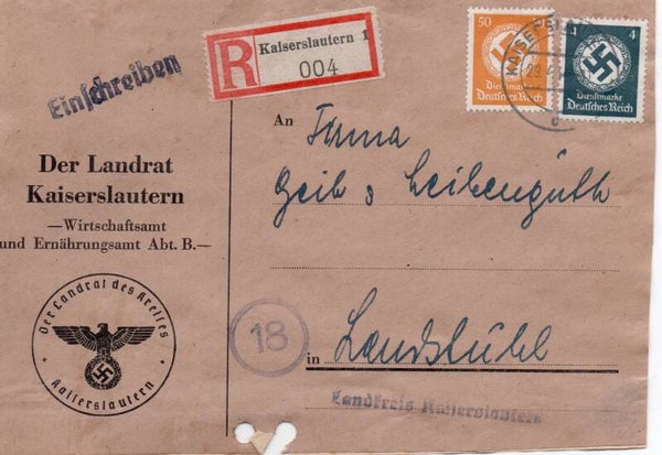 Deutsches Reich Dienst Nr. 133 und 143 als Einschreiben gelaufen/ o
