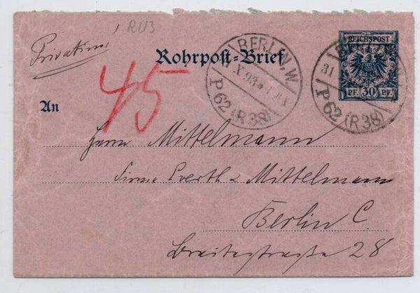 Deutsches Reich Ganzsache Rohrpost Nr. RU3 gelaufen/ o