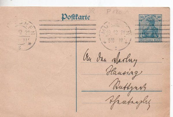 Deutsches Reich Ganzsache P120 B gelaufen/ o