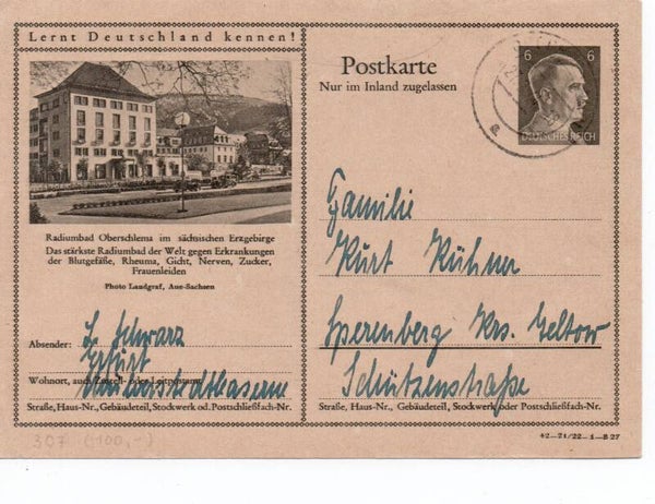 Deutsches Reich Bildpostkarte P307/ 42-21/22-1-B27 gelaufen/ o