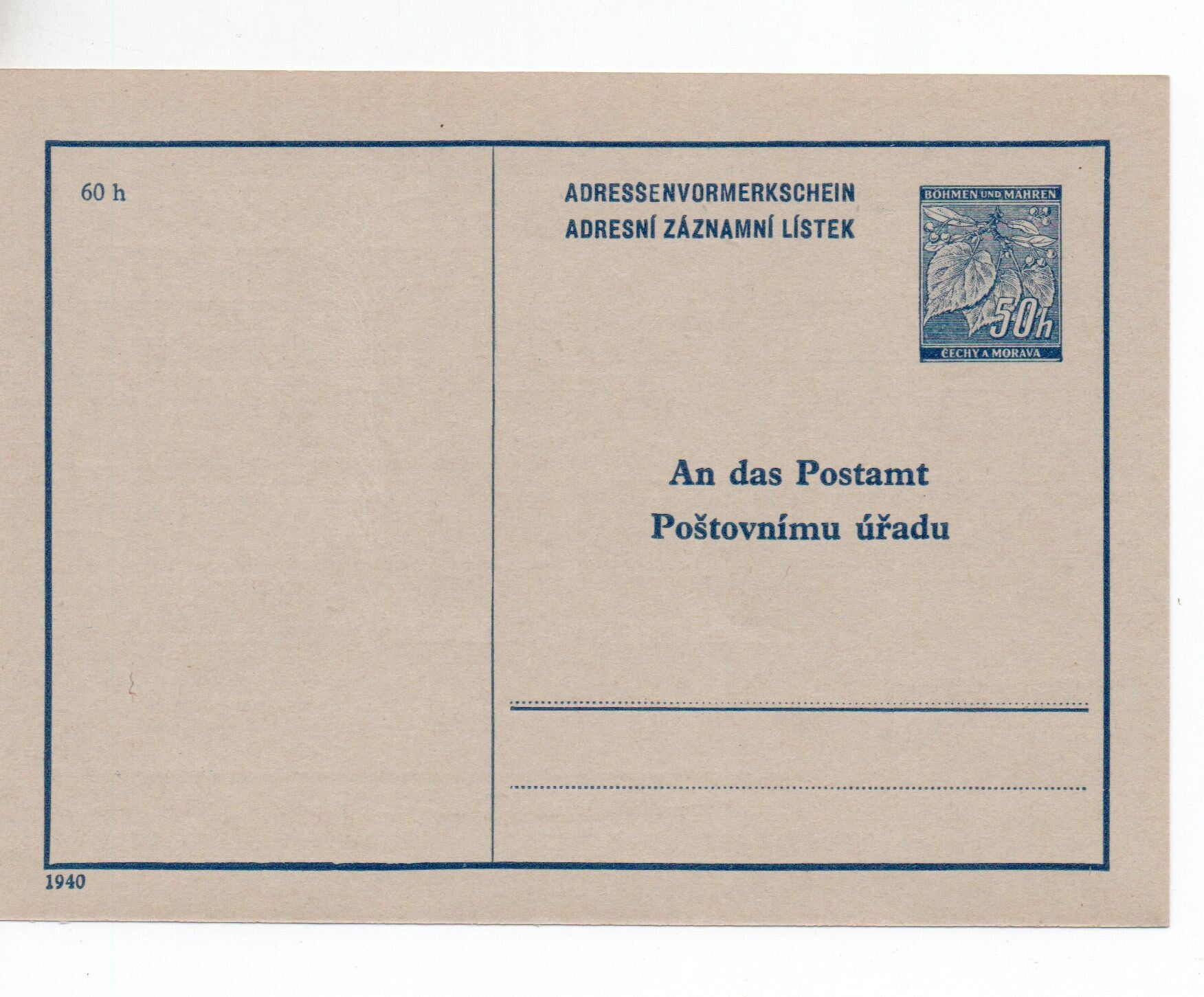 Ganzsache Böhmen und Mähren Nr. AV1a ungebraucht/ *